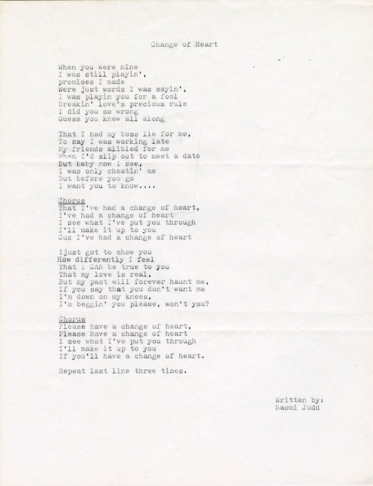 "Change of Heart" Typed Lyrics