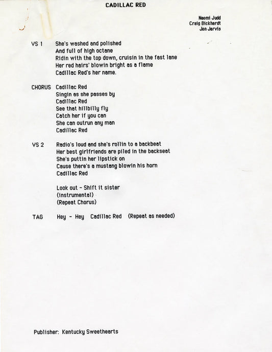 "Cadillac Red" Typed Lyrics