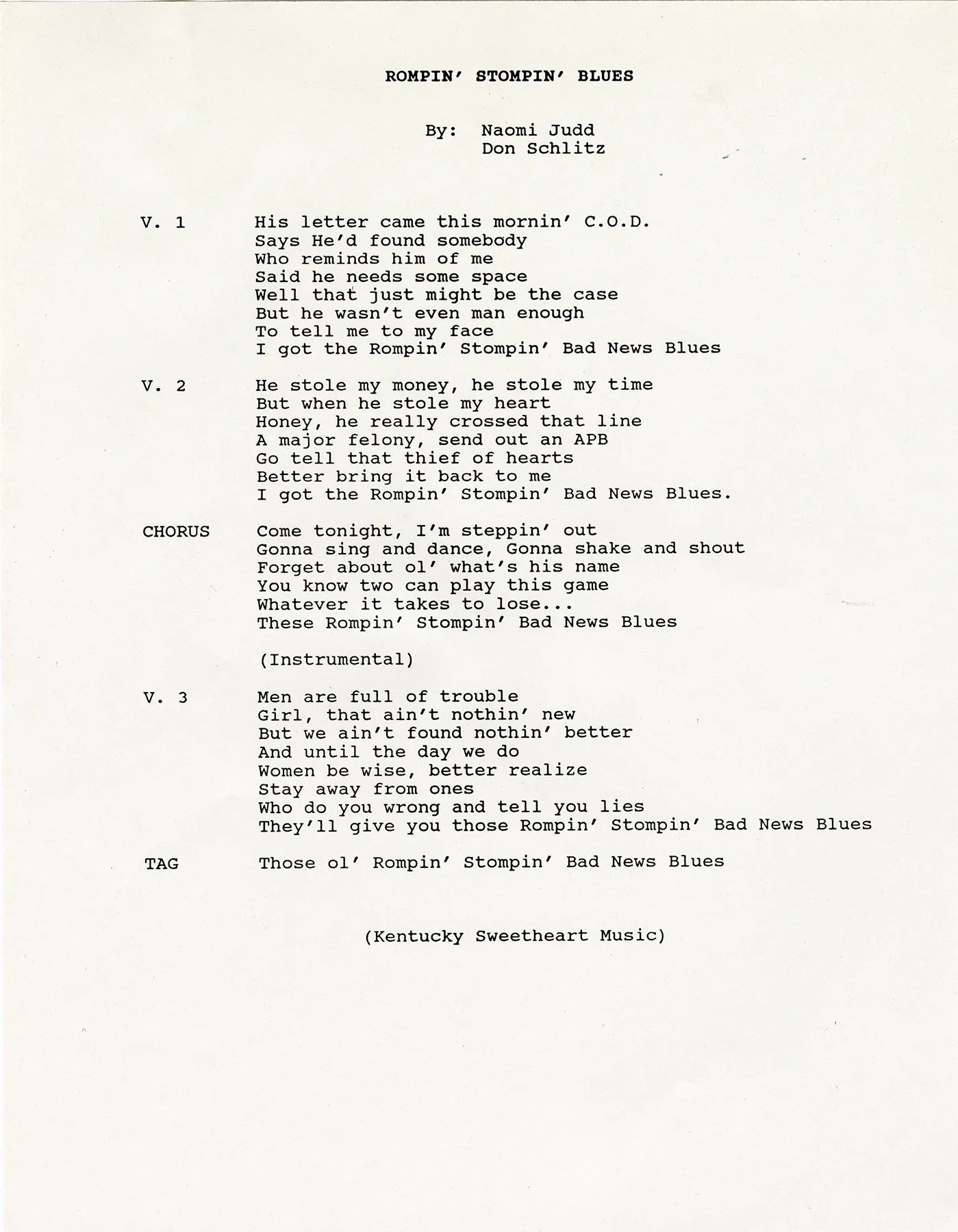 "Rompin' Stompin' Blues" Typed Lyrics
