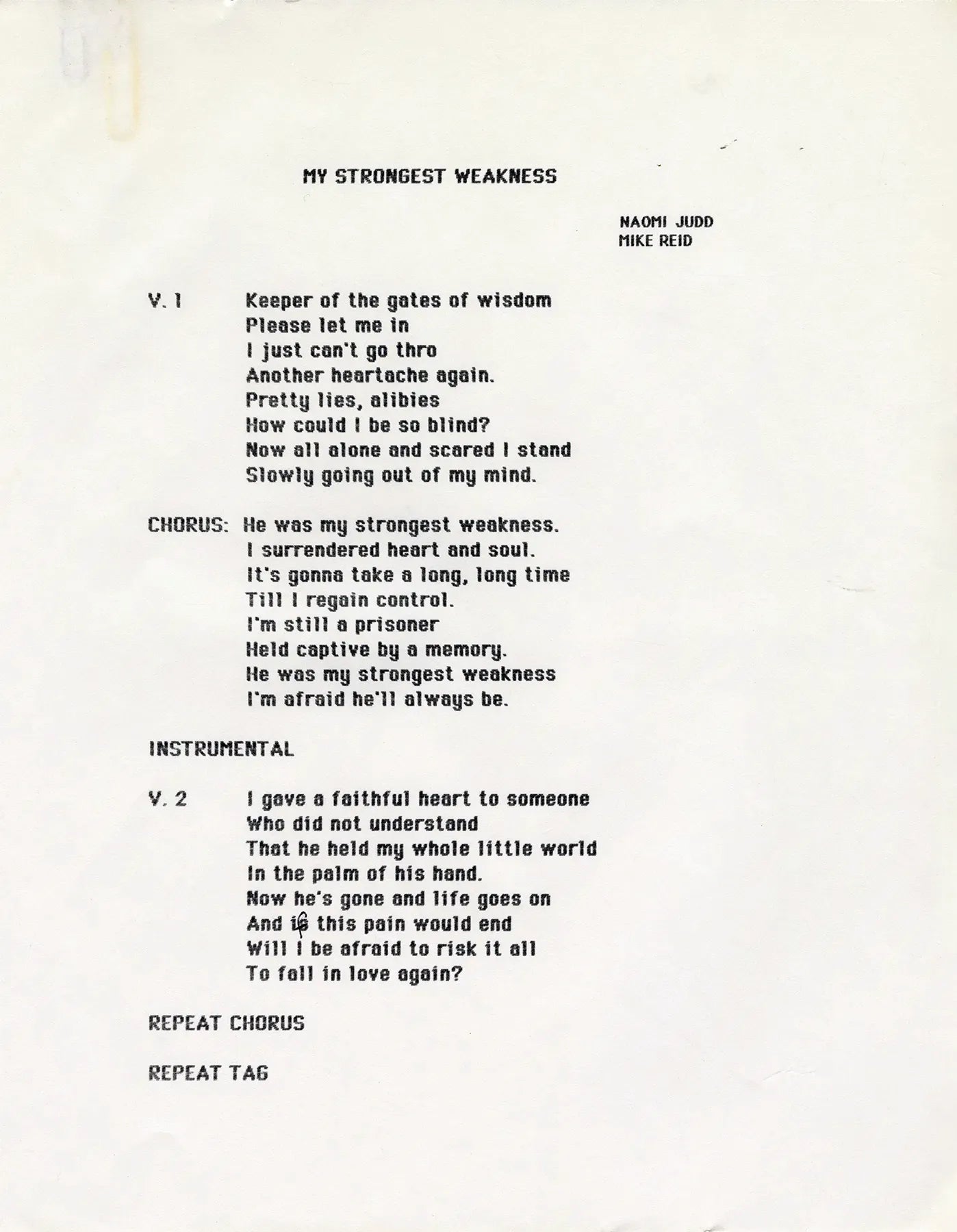 "My Strongest Weakness" Typed Lyrics